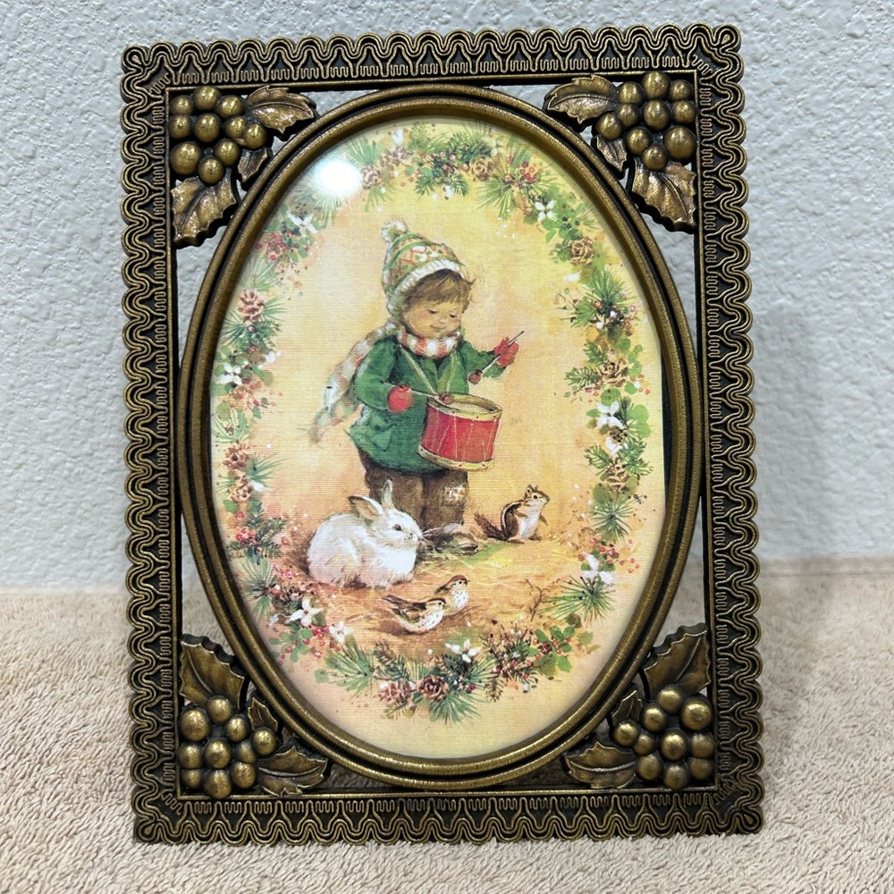 Vintage Bronze Etched Mistletoe 4” x 6” Christmas  Picture Frame Drummer Boy